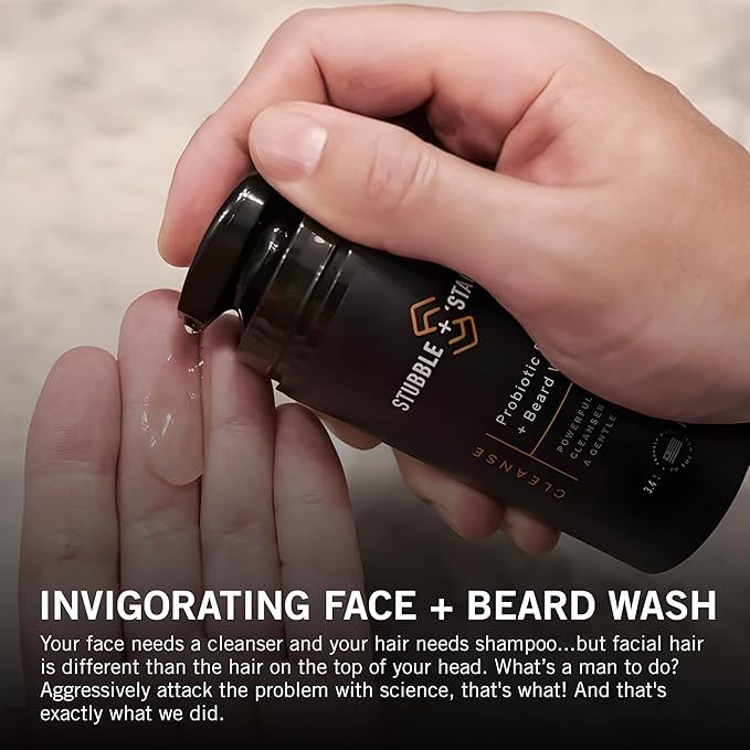 stubble & stache Face Wash and Beard Wash for Men – Daily Facial Cleanser with Niacinamide, Aloe Vera, Green Tea, and Probiotics – Fragrance-Free – 3.4 fl oz