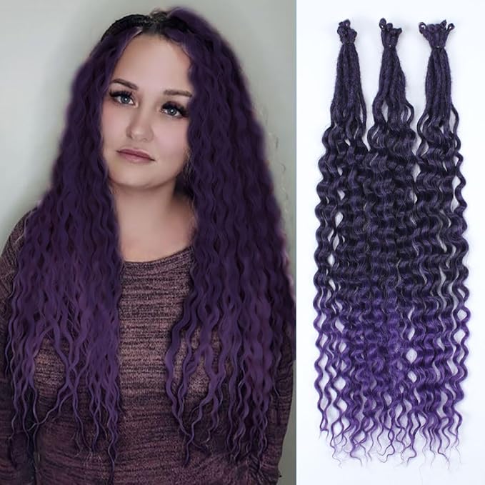 24 In 30 Strands Curly Dreadlock Extensions, Ombre Purple Synthetic Single Ended Dreads Extensions, 100% Handmade Dreads Hippie Style Dreadlocks for Woman