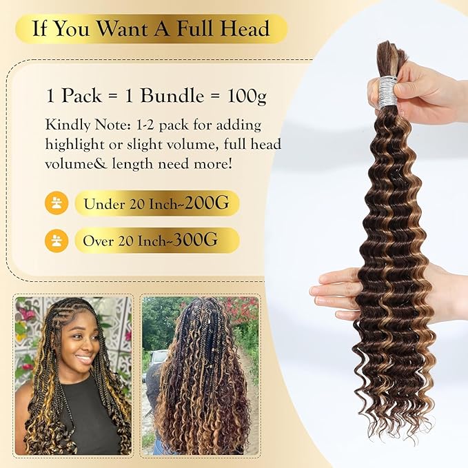 4/27 Honey Blonde Highlight Curly Human Hair Bulk, 24 Inch 100G FULL BULK Ombre Deep Wave Boho Braiding Hair, No Weft Human Hair Extensions for Boho Braids