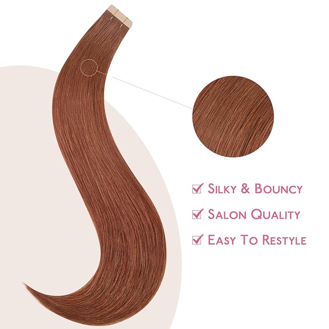 WENNALIFE Tape in Hair Extensions Human Hair Dark Auburn Copper Tape in Extensions, 10pcs 20g 10 inch Remy Invisible Tape Ins Straight Colored Soft Real Human Hair Tape in Extensions Refill Set Extens
