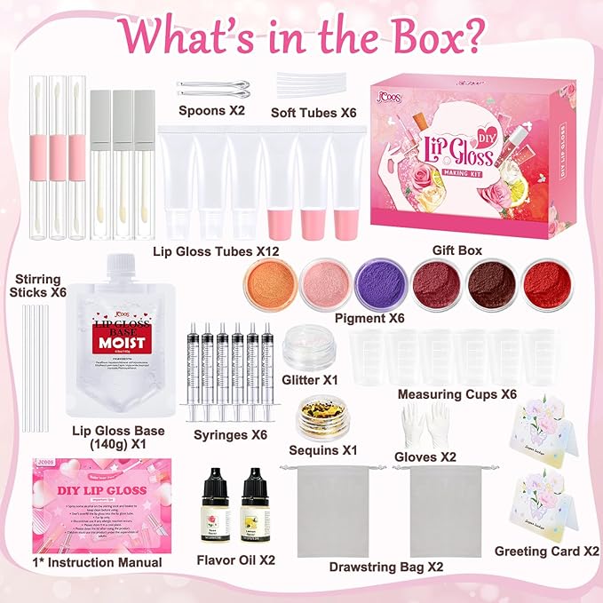 JCOOS Lip Gloss Making Kit, Make Your Own Lip Gloss Kit for Women Beginner, Girls, Diy Lipgloss Making Kits Lip Oil, Moisturizing Base, Pigments, Tubes, Women Gifts Unique, Popular Teen Girl Stuff