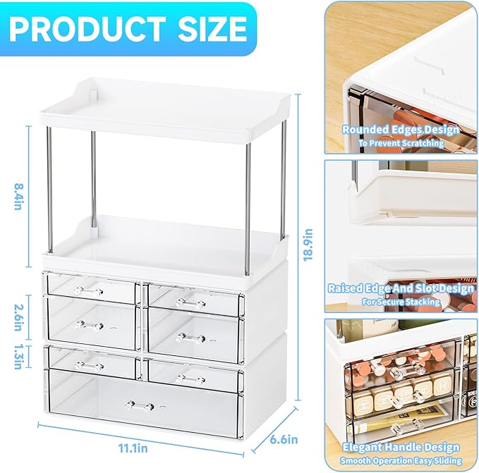 3 Pack Bathroom Organizers and Storage Countertop With 7 Drawers,Stackable Skincare Products Organizers,18.9" Tall Large Capacity Skincare Organizer and Exquisite Top of Dresser Organizer,White