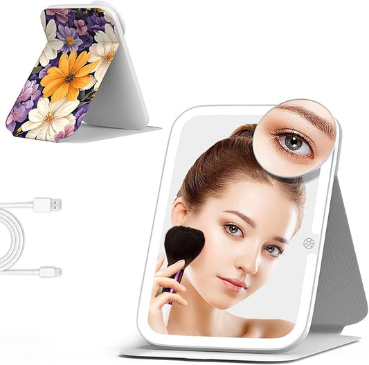 Mocado Travel Makeup Mirro with Lights, 360° Rotation Lighted Makeup Mirror, Portable Mirror with 10x Magnification, 3 Color Lightings, Dimmable Touch Screen, Tabletop Light up Mirror(Sun Daisy)