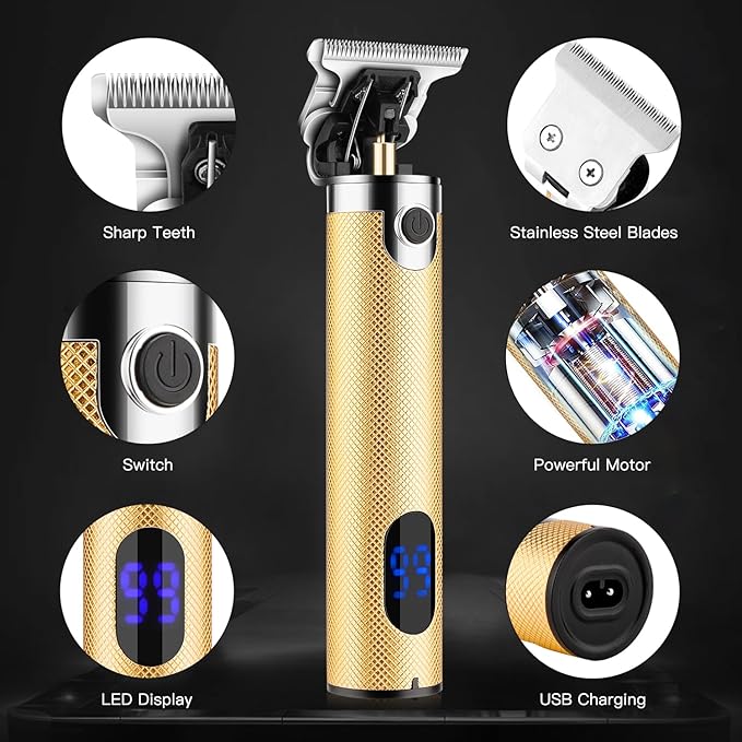 Professional Hair Clippers for Men,Cordless Barber Clippers,Beard Trimmers and Nose Hair Trimmer Kit,Mens Grooming Haircut Kit with LED Display,Gold
