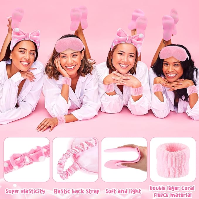 42 Pcs Spa Sleepover Party Supplies Bulk for Women Include 6 Pink Spa Hairbands 6 Plush Eye Masks 12 Wristbands 6 Bath Loofahs 6 Pairs Disposable Slippers 6 Organizer Bags for Women Slumber Party Gift