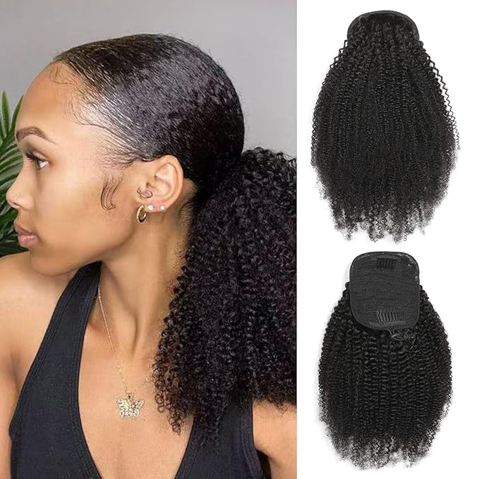 Afro Puff Drawstring Ponytail Human Hair Afro Kinky Curly Drawstring Ponytail 4C for Black Women Natural Black Extension Human Hair 12 Inch