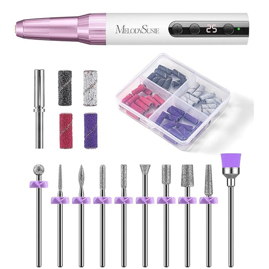 MelodySusie Rechargeable Cordless Electric Nail Drill with 10Pcs Diamond Sanding Bit Set with 40pcs Small Sanding Bands