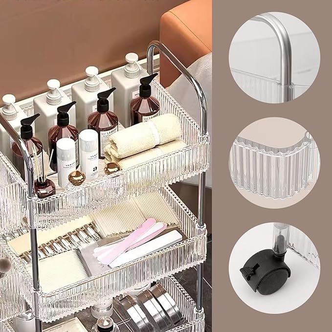 4 Tier Rolling Cart with Hanging Basket, Acrylic Storage Carts with Lockable Wheels, Utility Carts Storage Organizer Serving Cart for Office, Living Room, Kitchen, Bathroom