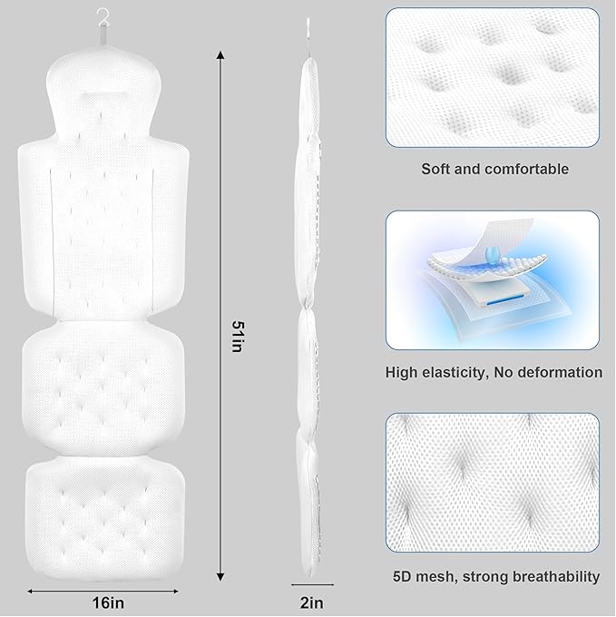 Luxury Full Body Bath Pillow for Bathtub, Bath Pillows for Tub with Mesh Laundry Bag & Non-Slip Suction Cups, Cushion for Bathtub Headrest Neck Back Support - 5D Air Mesh & Quick Drying | White
