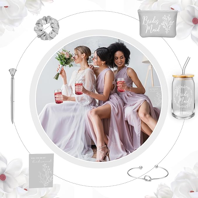 Irenare 36 Pcs Bridesmaid Proposal Gifts Bridal Shower Gifts 16 oz Glass Cup Cosmetic Makeup Bags Invited Cards Scrunchies Hair Knotted Bracelets Diamond Pens Favors for Wedding (Gray)