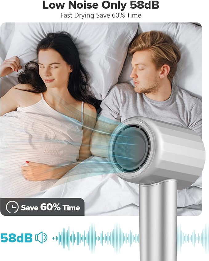 Ionic Hair Dryer, High Speed Blow Dryer with 110, 000 RPM Brushless Motor for Fast Drying, Low Noise, Lightweight, Magnetic Nozzle, Thermo-Control Hairdryer for Women Home Travel (Grey)