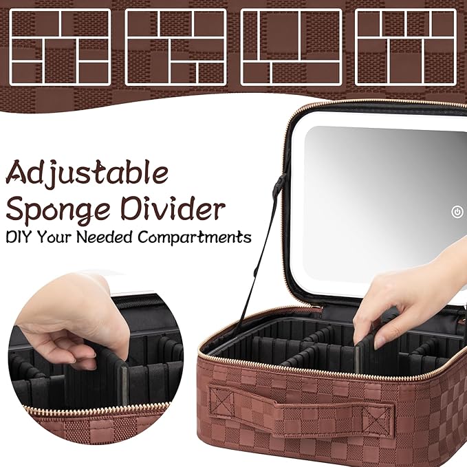 Makeup Travel Train Case with Mirror LED Light 3 Adjustable Brightness Cosmetic Bag Portable Storage Adjustable Partition Waterproof Makeup Brushes Makeup Jewelry Gift for Women