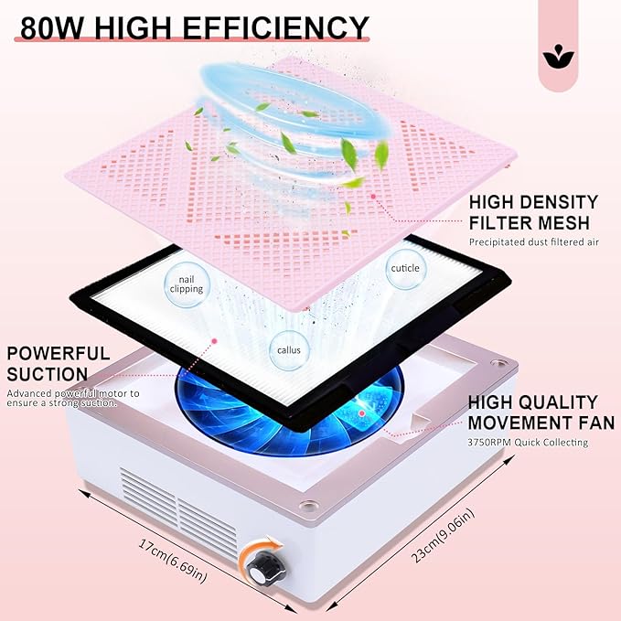 80W Nail Dust Collector LEDSUUEI: Super Powerful Dust Collector Nail Tech with Reusable Filter Adjustable Nail Vacuum Dust Collector Electric Dust Suction Machine for Acrylic Gel Nail Polishing
