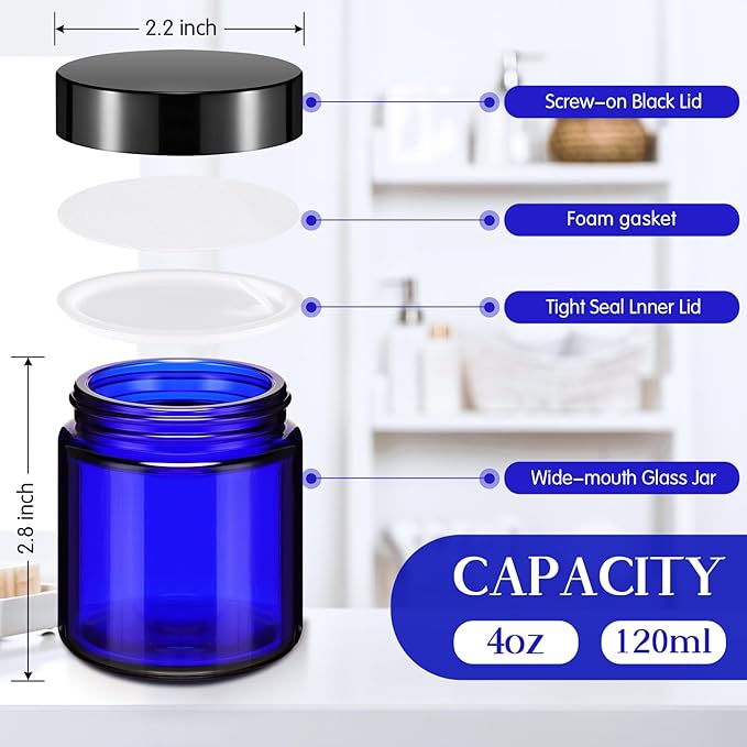 Norme 48 Pcs 4 oz Glass Jars with Lids Leakproof Round Airtight Empty Cosmetic Jars with Inner Liners Lid for Storing Lotions Powder Ointments Candle Making (Black,Blue)