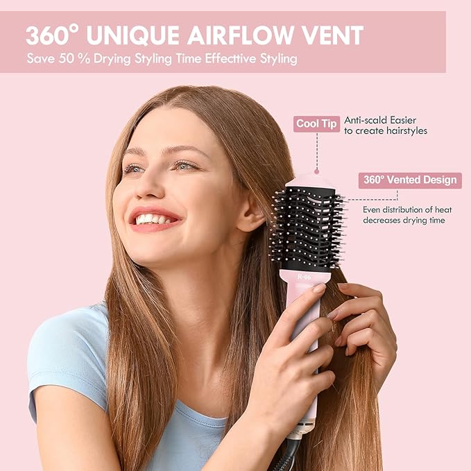 Hair Dryer Brush Blow Dryer Brush in One, 4 in 1 Hair Dryer and Styler Volumizer with Oval Barrel, Professional Salon Hot Air Brush for All Hair Types, Bright Pink