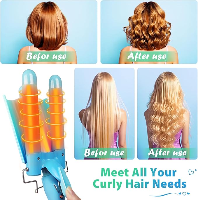 3 Barrel Curling Iron Hair Crimper: Aleath Dual Voltage Adjustable Temperature Three Barrels Hair Waver - Ceramic 1 inch Curler Wand（Blue）