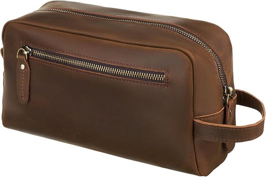 Awesometik Mens Travel Bag Toiletries Organizer Case for Grooming, Toiletry Bag for Men, Travel Essentials Shaving Dopp Kit, Geniune Leather Water Resistant Cosmetic Bag Pouch (Light Brown)