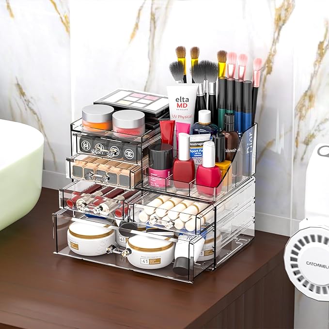Cq acrylic Clear Make up Organizers and Storage for Vanity,2 Pcak Cute Skincare Organizer and Cosmetic Storage Organizer for Jewelry,Lipstick,Beauty,Skin Care Bathroom Counter Organizer With 5 Drawers