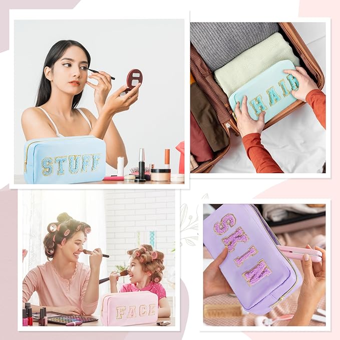 4 Pcs Travel Toiletry Bags for Women Preppy Makeup Bags Organizer Face Skin Hair Stuff Chenille Letter Pouch with Zipper Aesthetic Waterproof Skin care Hair Bag for Women Gifts