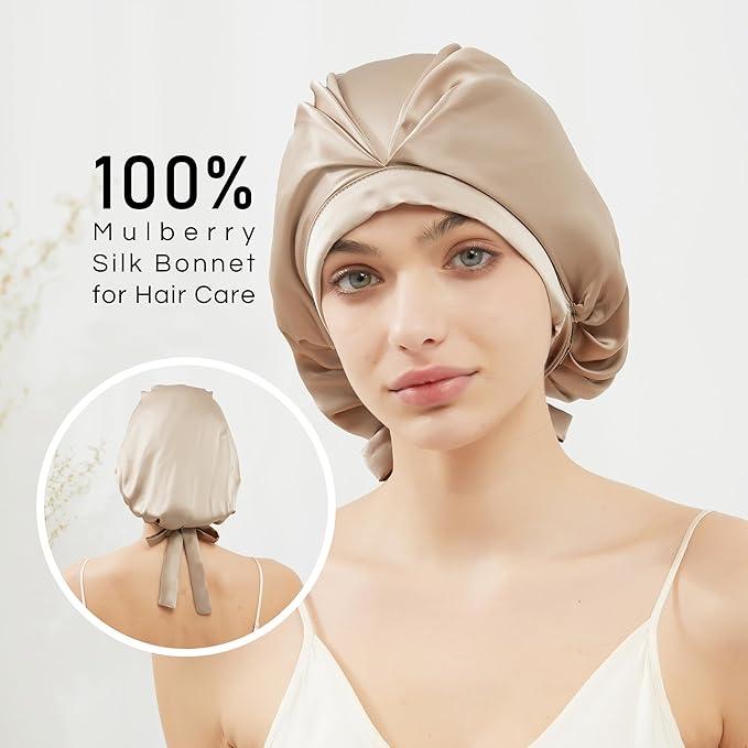 RachelSilk 100% Mulberry Silk Sleep Cap, Grade 6A 19 Momme Silk for Women Hair Care, Silk Night Bonnet with Elastic Stay On Head, Silk Cap After Shower, for Small -Medium Head Size (Taupe)