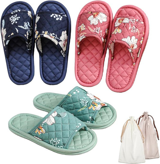 3 Pairs Floral Cotton House Slippers for Women, Open Toe Indoor Slippers Comfortable Washable Portable Foldable Guest Travel Hotel Airplane Spa Slippers