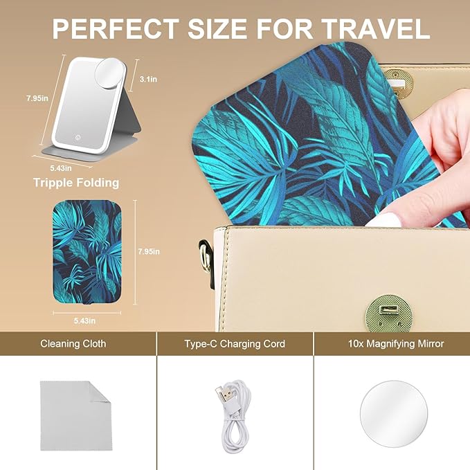 Mocado Travel Makeup Mirro with Lights, 360° Rotation Lighted Makeup Mirror, Portable Mirror with 10x Magnification, 3 Color Lightings, Dimmable Touch Screen, Tabletop Light up Mirror(Blue Leaves)