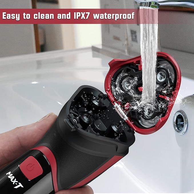 MAX-T Men's Electric Shaver - Corded and Cordless Rechargeable 3D Rotary Shaver Razor for Men with Pop-up Sideburn Trimmer Wet and Dry Painless 100-240V Red