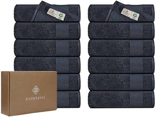BIOWEAVES 100% Organic Cotton 700 GSM Plush Washcloths 13" x 13" GOTS Certified - Charcoal, Pack of 12