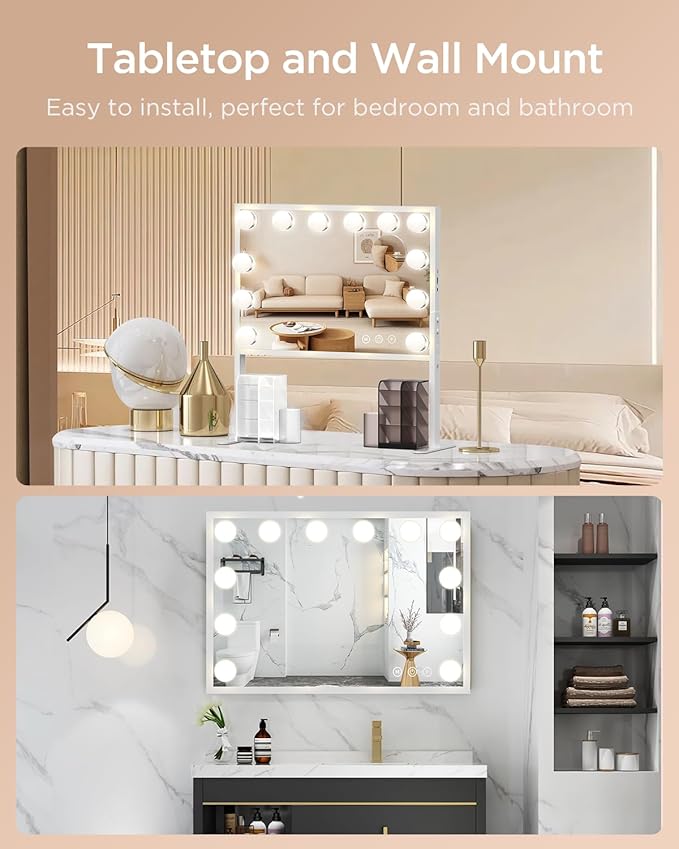 BESTOPE PRO Vanity Mirror with Lights, 23.6'' x 22.4'' Height Adjustable Makeup Hollywood Mirror with 3 Color Modes, 10X Magnification and 2 Storage Boxes, USB Charging Port, Phone Holder, Women Gifts