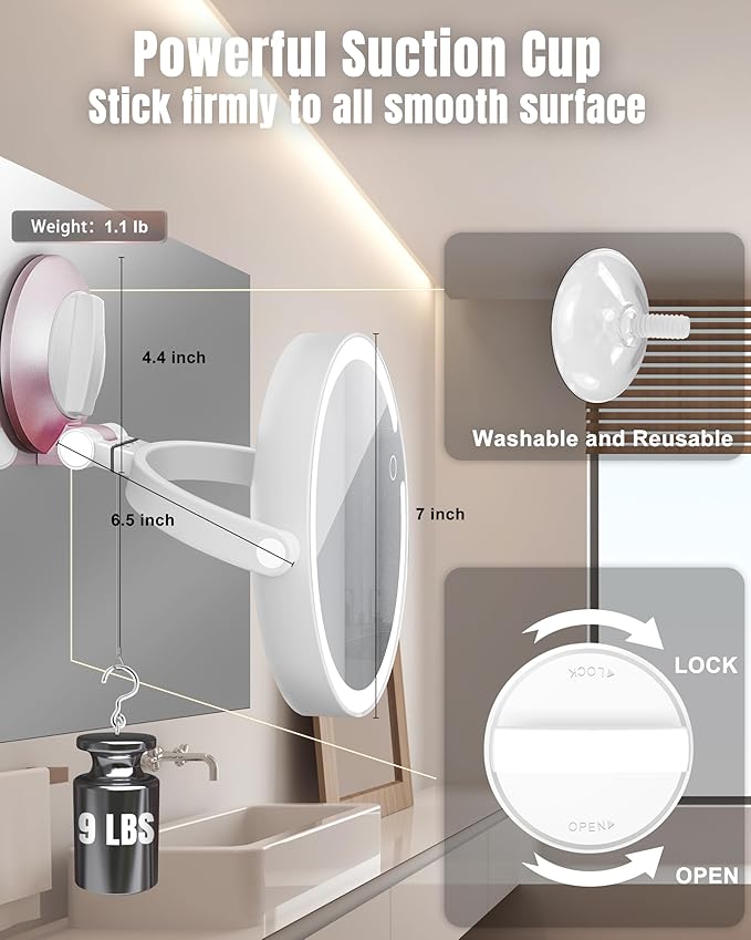 15X/1X Wall Mounted Magnifying Makeup Mirror with Power Suction Cup, Rechargeable Double Sided Regular HD/Magnification 3 Color Modes Adjustable Brightness Mirror with Lights for Bathroom, Travel