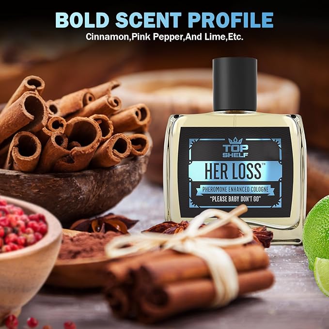 Top Shelf Her Loss Cologne for Men (Pheromone Enhanced) - 1.7 Fl Oz Long Lasting Herloss Perfume Para Hombre, Natural Herbal Scent - Awaken Raw Instinct, Her Loss Pheromone Cologne for Men Attract Her