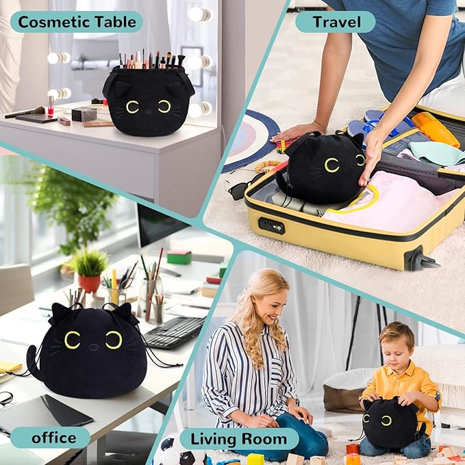 Funny Cat Drawstring Makeup Bag - Large Capacity Cute Travel Toiletry Bag Cosmetic Bag Pouch Organizer - Valentines Day Mothers Easter Birthday Unique Gifts for Women Girls Cat Lovers-Black