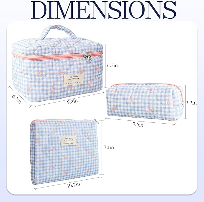 Makeup Bag, 3 PCS Quilted Makeup Bag, Cute Floral Cotton Cosmetic Bag set, Coquette Makeup Pouch Large Travel Toiletry Bag