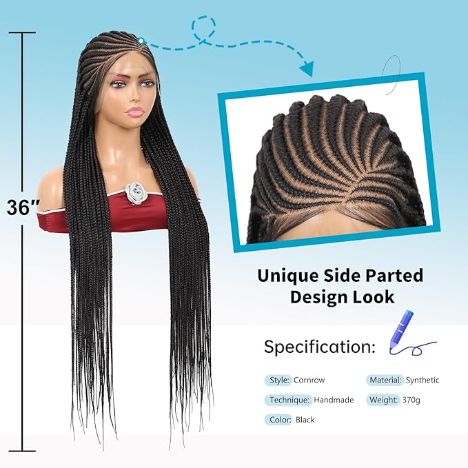 13X8 HD Lace Front Braided Wigs Cornrow Braided Wigs for Women Box Braid Wig with Baby Hair Side Parted Human Hair Blended Braided Lace Front Wigs Black 36 Inch