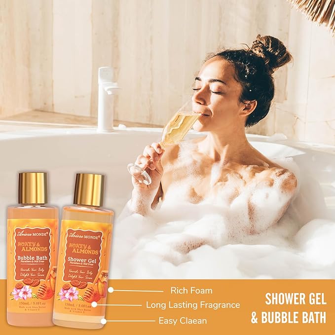 Gift Baskets for Women, Bath and Body Gift Set for her with 13pcs Honey Almond Scented Spa Gifts for Women, Bath Sets Includes Scented Candle, Shower Steamer, Bubble Bath, Bath Salt. Mothers Day Gifts