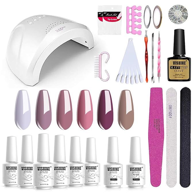 Vishine Gel Nail Polish Starter Kit with 48W SUNOne UV LED Nail Lamp Speed Dryer Manicure Tools 6 Pretty Colors Gel Polish Base and Top Coat #03