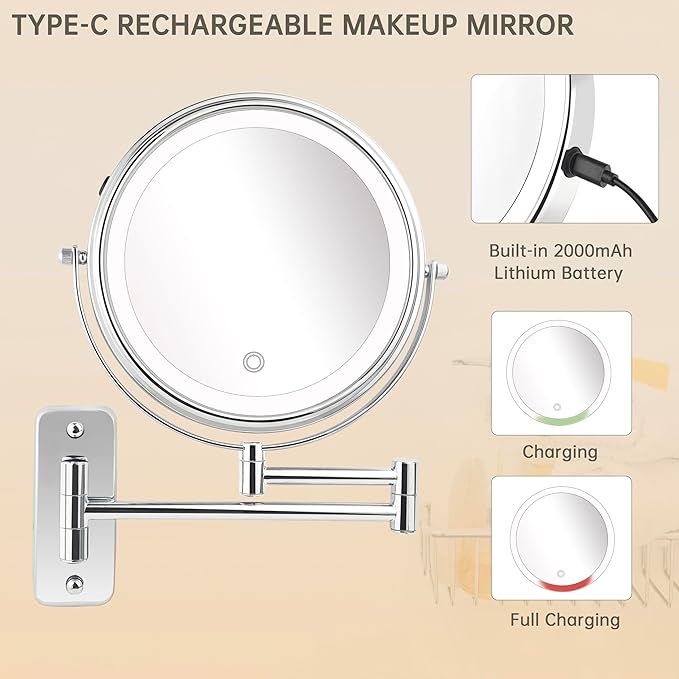 JANEEVA 10X Wall Mounted Lighted Makeup Mirror, Rechargeable Double Sided 1X/10X Magnifying Vanity Mirror with 3 Color Lights, Touch Dimmable, Extended Arm 360° Rotation, 8 inch