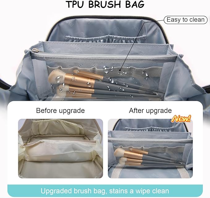 Travel Makeup Bag Organizer Cosmetic Bag: 3 Pcs Set Make up Bags for Women with Handle - Waterproof Vegan Leather Toiletry Bags with Comparments (Blue)