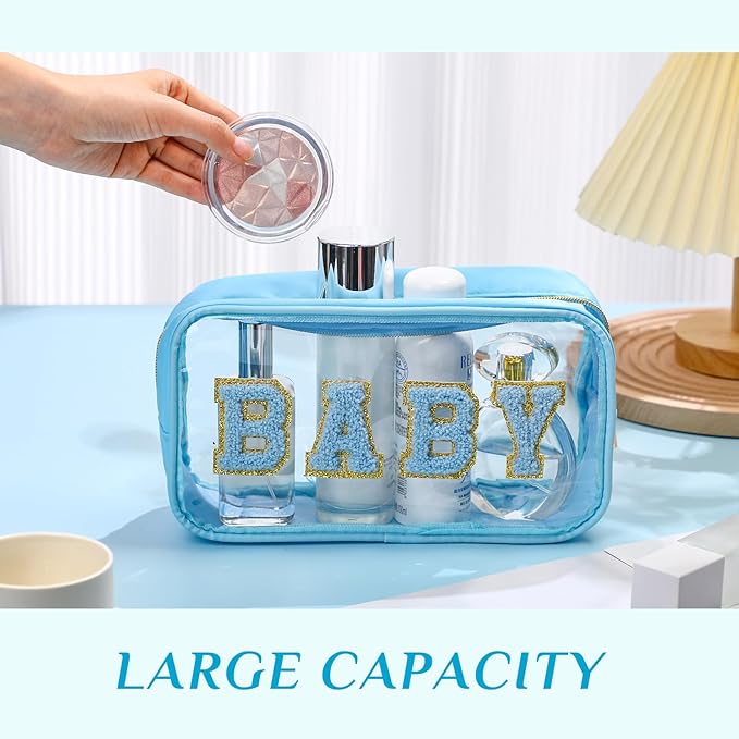 4 Pcs Mama and Baby Toiletry Bag Clear Chenille Letter Pouch Snacks Makeup Stuff Travel Diaper Bag Preppy Transparent Pouch with Zipper for Women Gift(Fresh Color)