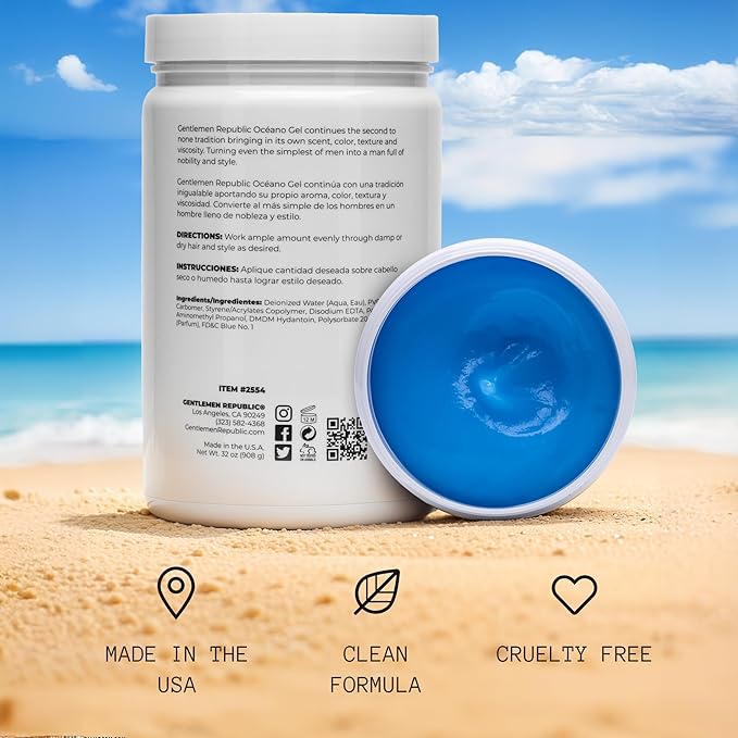 Gentlemen Republic Oceano Men's Hair Gel 32oz - Strong Touchable Hold and High Shine Styling Gel for Hair, 100% Alcohol-Free Professional Formula with Fresh Scent, Mens Hair Product Made in USA