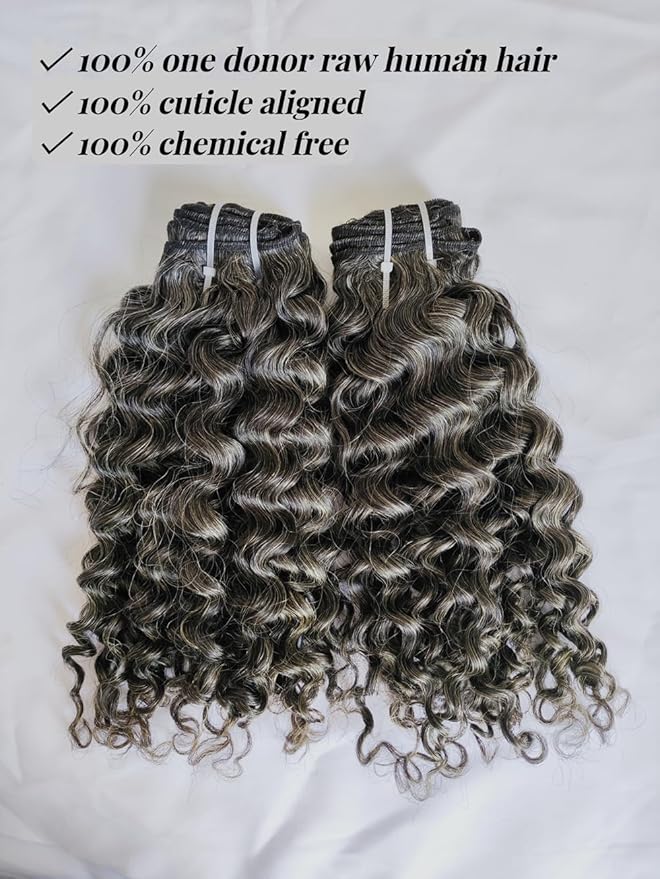 Curly Raw Human Hair Bundles Salt and Pepper Gray Jerry Curly Grey Raw Hair Bundles 50% Grey Mixed Black Color 14 Inches 2 Bundles Virgin Hair Weave Extensions Can be Dyed and Styled by Clytie