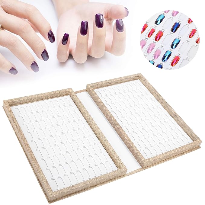 180 Colors Nail Color Display Book - Wood Nail Gel Polish Display Book False Nail Tip Display Board Reusable Nail Practice Design Board Nail Color Swatches Color Design Chart Card (01)