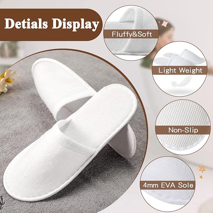 Coume 48 Pairs Disposable Slippers for Guests Bulk Soft Disposable Hotel Spa Slippers Open Toe and Close Toe White Non-Slip for Women Men Home Indoor Hotel Travel Wedding Party