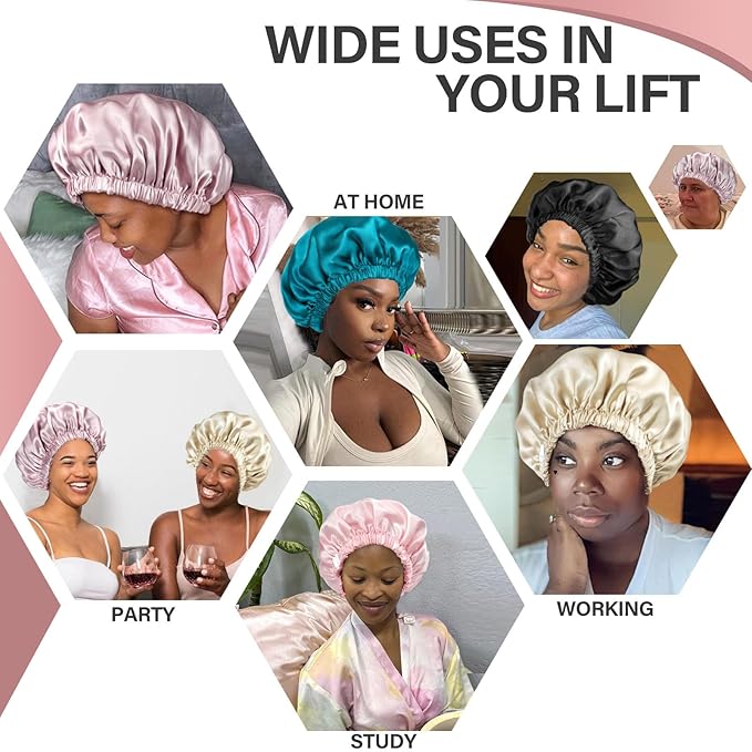 22 Momme 100% Mulberry Double Silk Bonnet for Sleeping Women Double Layer Lined Stay On Head for Hair Care with Adjustable Elastic Band Non-Slip Silk Turban Curly Hair Silk Hair Cap Pink