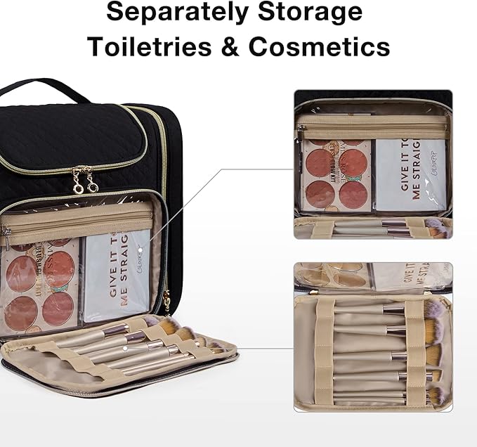 BAGSMART Toiletry Bag, Travel Toiletry Bag for Women, Water-resistant Cosmetic Makeup Bag, Large Capacity Door Room Essentials Travel Organizer for Full Sized Toiletries and Cosmetics, Black