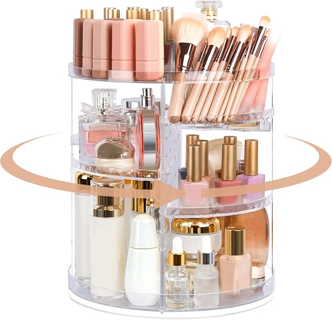 Boxalls Makeup Organizer Rotating Large Capacity, 360 Makeup Carousel with Brush Compartment, Clear Skincare Cosmetic Spinning Organizer with 7 Layers for Countertop Vanity Bathroom Bedroom