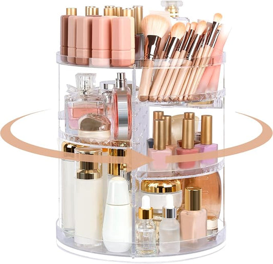 Boxalls Makeup Organizer Rotating Large Capacity, 360 Makeup Carousel with Brush Compartment, Clear Skincare Cosmetic Spinning Organizer with 7 Layers for Countertop Vanity Bathroom Bedroom