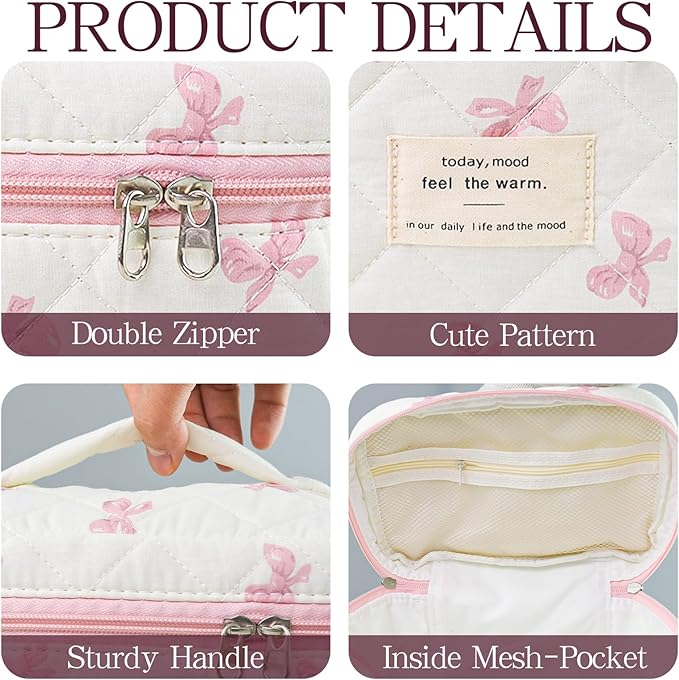 Makeup Bag, 3 PCS Quilted Makeup Bag, Cute Floral Cotton Cosmetic Bag set, Coquette Makeup Pouch Large Travel Toiletry Bag