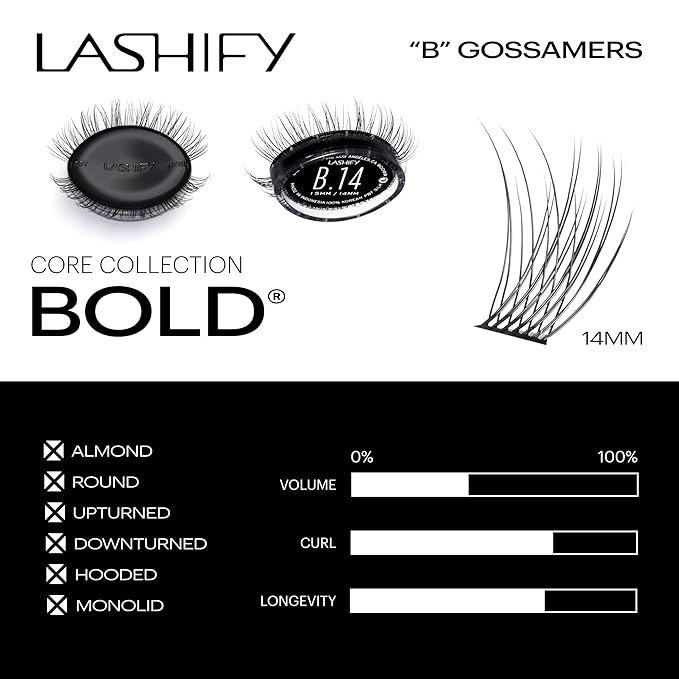 Lashify Bold 14mm Gossamer DIY Eyelash Extensions Refill, Black, Easy False Eyelashes for a Natural Look