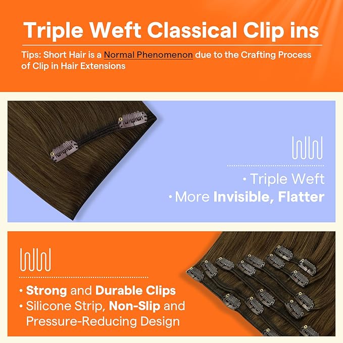 Full Shine Clip in Hair Extensions Real Human Hair Brown Hair Extensions Clip ins Triple Weft Clip in Extensions Light Brown Straight Remy Hair for Women 12 Inch 7 Pcs 95 G